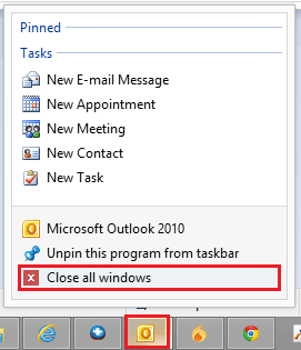 Taskbar Close Outlook